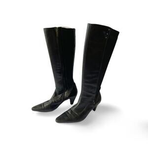 Aquatalia Black Knee-High Leather Boots with Pointed Toe